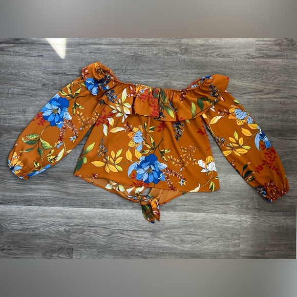 Peach Love California Women's Brown Floral Off The Shoulder Blouse Size Small - Picture 2 of 8